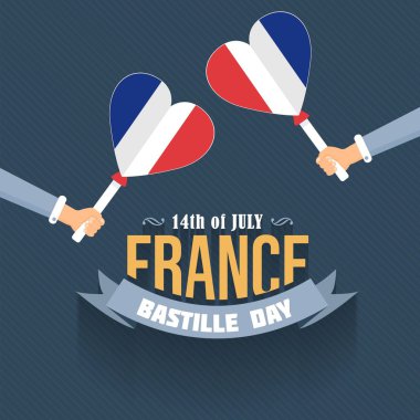 14 Temmuz Fransa Bastille Günü Duyuru Kutlama Mesaj Afiş, El İlanı, Kart, Arka Plan Vektör Tasarım. Düz Stil Kalp Sembolü Fransa Bayrağı El Ele Tutuştu.