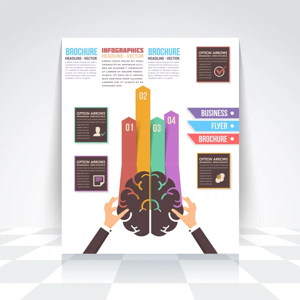 Brain Symbol Hold Hands, Creative Think Business Infográficos Design, Folheto, Bandeira numerada, Elementos de ícone, Brochura corporativa —  Vetores de Stock