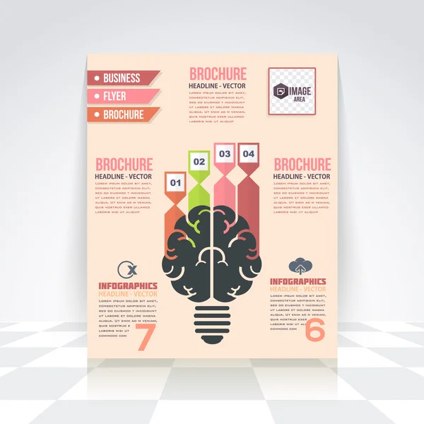 Plantilla de Infografías de Negocios de Cerebro de Estilo Plano y Pensamiento Creativo, Flyer, Banner Numerado, Elementos de Icono, Diseño de Folletos Corporativos — Archivo Imágenes Vectoriales