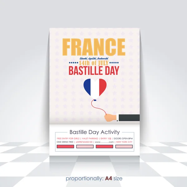 A4 stijl Bastille dag aankondiging viering bericht poster, flyer, kaart, achtergrond Vector Design, hart stijl Frankrijk vlag Hold hand illustratie — Stockvector