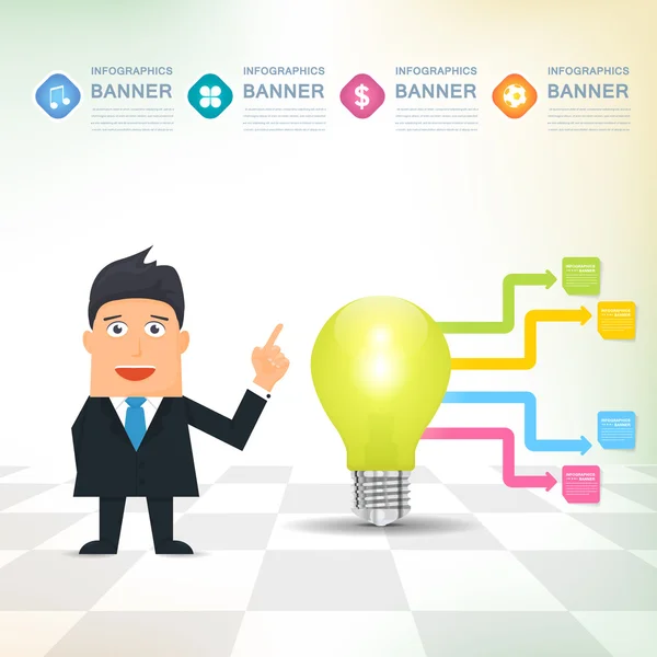 Flat Vector Bulb Concept Businessman Presentation Infographics Stats Elements Design — Stock Vector