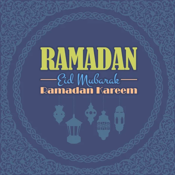 Ramadan Kareem Background - Символ висячих ламп, векторный дизайн исламских святых ночей - арабский "Eid Mubarak", "be Blessed" на английском языке — стоковый вектор