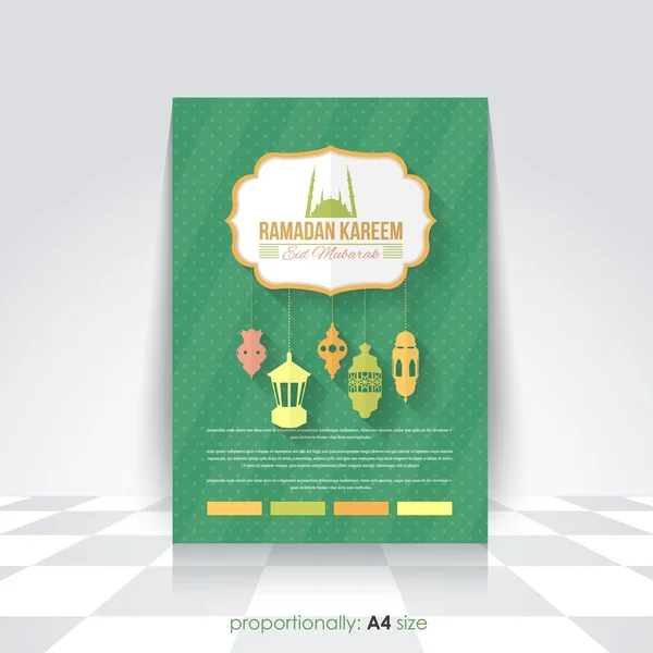 Ramadan Kareem A4 Style Flyer, Brochura - Projeto vetorial do tema do mês santo islâmico - Árabe "Eid Mubarak", "seja abençoado" em inglês —  Vetores de Stock