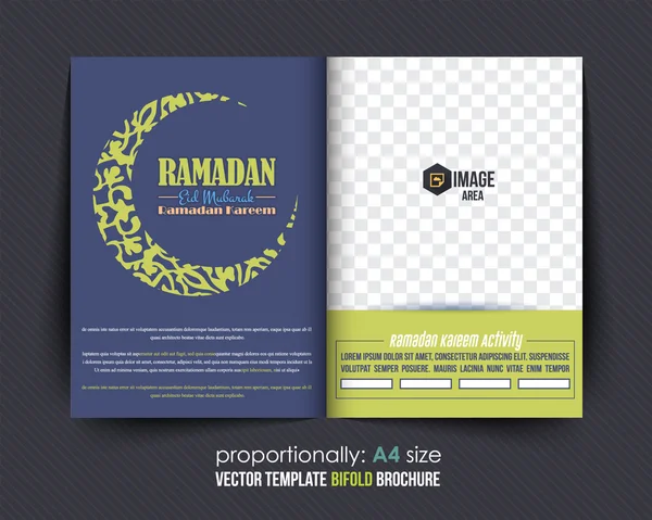 A4 Style Bifold, Ramadan Kareem Concept Brochure - Crescent Moon Calligraphic Symbol - árabe "Eid Mubarak", "seja abençoado" em inglês — Vetor de Stock