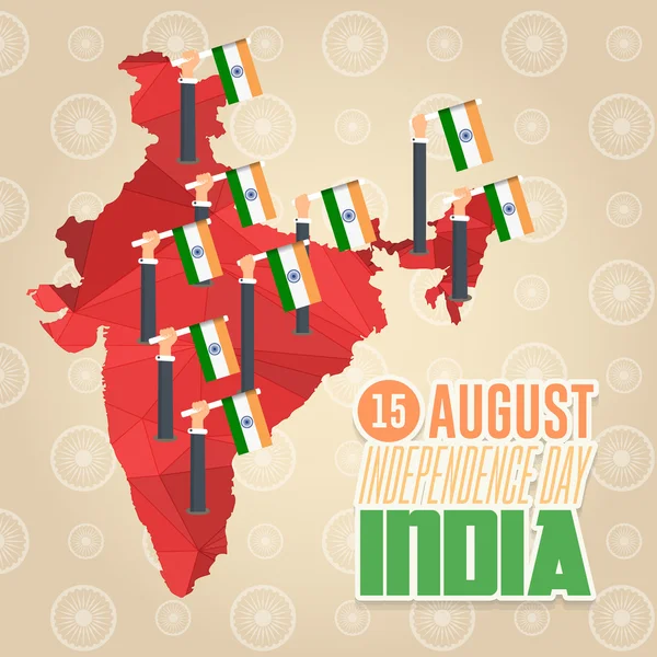 Basso Poly Style India Mappa e mani tenere bandiere. Giorno dell'indipendenza 15 Agosto Festa Carta, sfondo, Badges Vector Template — Vettoriale Stock