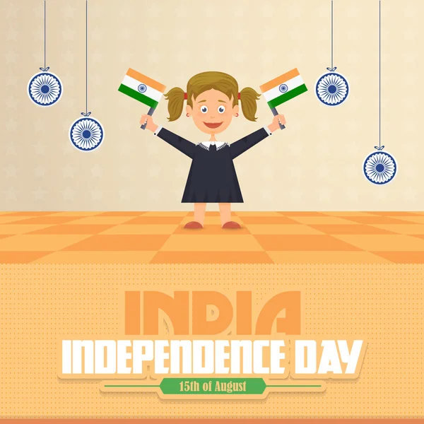 Indien självständighetsdagen 15 augusti firande kort, bakgrund. Girl Hold Indien flaggor — Stock vektor