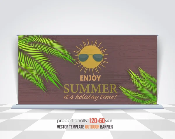 Thème de la saison estivale Conception de bannière extérieure, Fond horizontal en bois, Modèle de publicité, Symboles d'été vectoriels — Image vectorielle