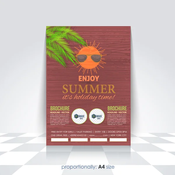 A4 Style Summer Season Theme Flyer, Poster, Banner Design, Vertical Wooden Background, Advertising Template — Stock Vector