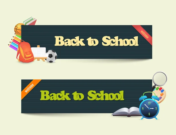 Web banner stijl welkom terug op school achtergrond, vector objecten illustratie — Stockvector