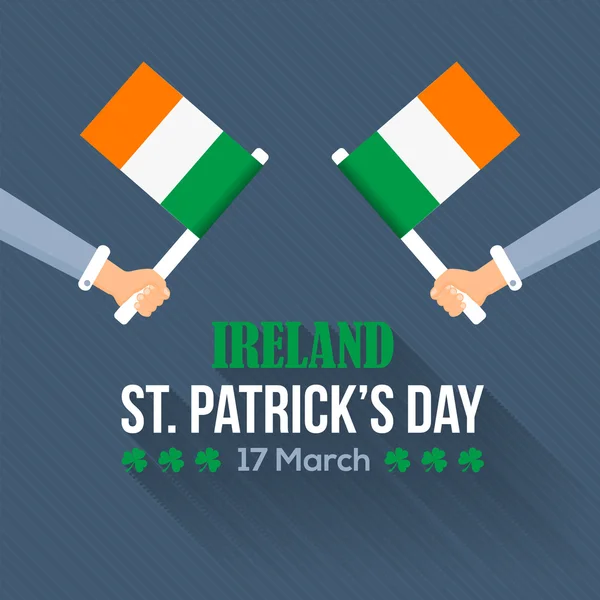 Flat Syle Happy Saint Patricks Day, Festa nazionale dell'Irlanda Bandiera della mano — Vettoriale Stock