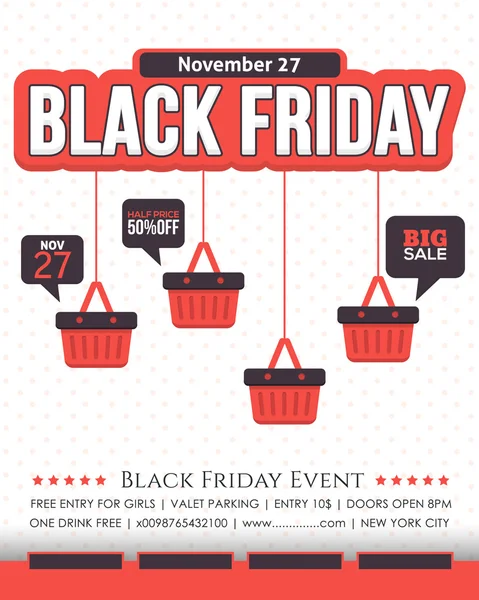 Black Friday Sale Poster, Flyer, Advertising Template, Hanging Flat Shop Basket Illustration — Stock Vector