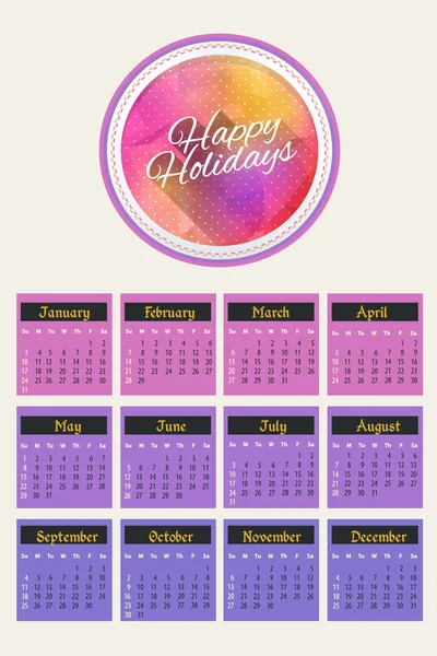 Happy Holidays 2016 Full Calendar Template - Promotion Poster Vector Design, Week Starts Sunday — 스톡 벡터