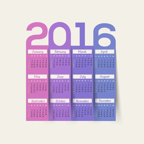 Paper Style 2016 Full Calendar Template - Promotion Poster Vector Design, Week Starts Sunday — ストックベクタ