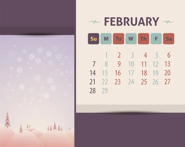 2016 Febrero Calendario Diseño, Semana Comienza el Domingo — Vector de stock