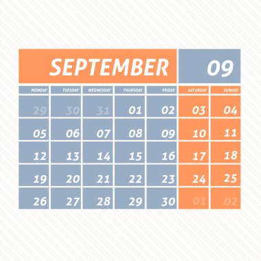 Eylül 2016 düz takvim tasarım - hafta Pazartesi başlıyor.