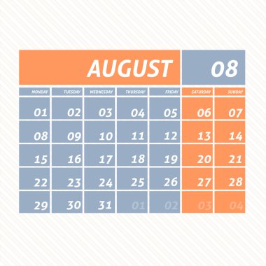 Ağustos 2016 düz takvim tasarım - hafta Pazartesi başlıyor.