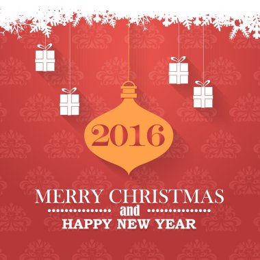 Hanging Flat Long Shadow Christmas Ball and Gift Boxes Illustration. 2016 Happy New Year Red Colors Background