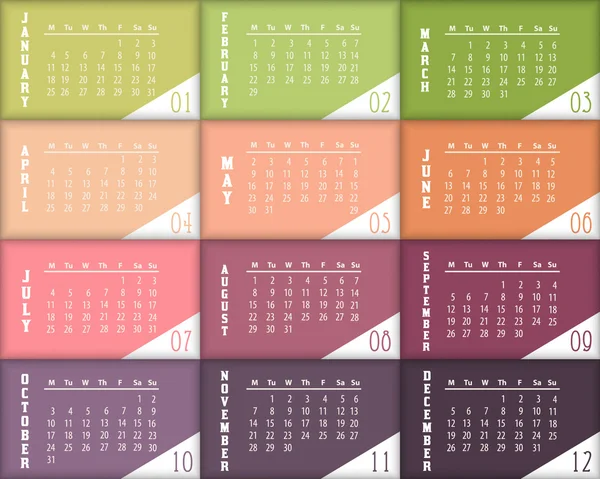 Retro Colors Full Calendar Template 2016 - Week Starts Sunday — Stock Vector