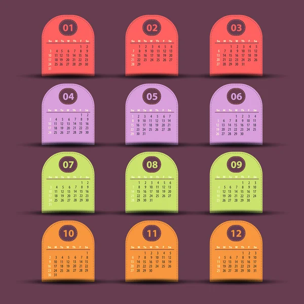 Multicolore Année civile complète 2016 - Semaine commence dimanche — Image vectorielle