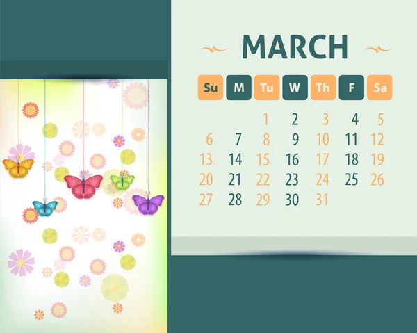 2016 March Calendar Design, Week Starts Sunday — Stockvector