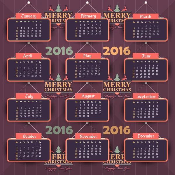 2016 Modelo de calendário completo e Feliz Natal - Promoção Poster Vector Design, Semana começa domingo — Vetor de Stock