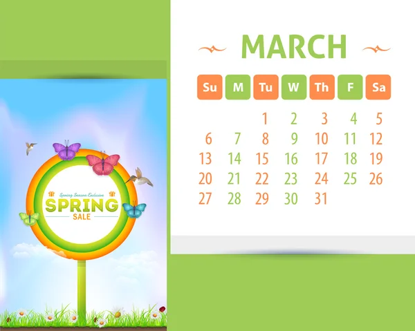 2016 March Calendar Design, Week Starts Sunday — Stockový vektor