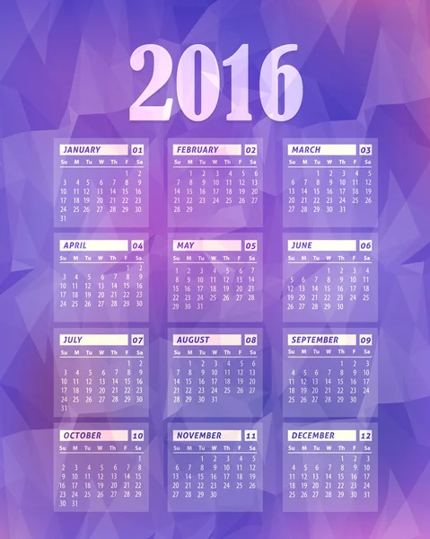 Plantilla de calendario completo 2016 de fondo violeta de bajo estilo polivinílico - Diseño de vectores de póster de promoción, la semana comienza el domingo — Vector de stock