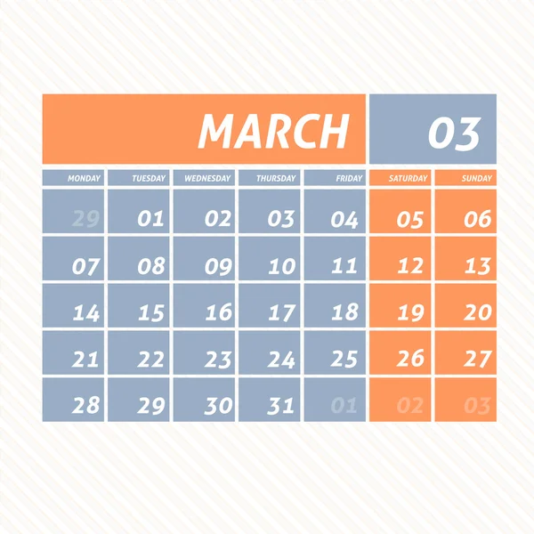 Mars 2016 Conception de calendrier plat - Semaine commence dimanche — Image vectorielle