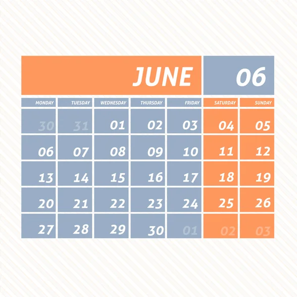 Junho 2016 Projeto de calendário plano - Semana começa segunda-feira — Vetor de Stock