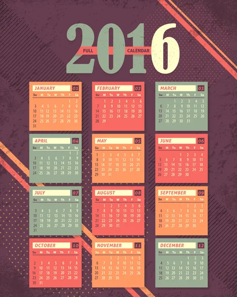 2016 フルカレンダー、幾何学的要素、グランジ背景デザイン。プロモーション ポスター ベクトル テンプレート、週の開始日 — ストックベクタ