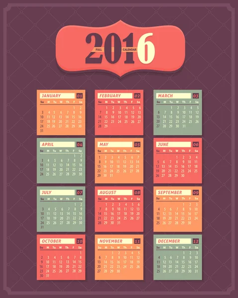 Conception du calendrier complet 2016. Modèle de vecteur d'affiche de promotion, la semaine commence dimanche — Image vectorielle