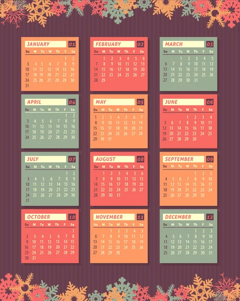 2016 calendario completo, fiocchi di neve Sfondo Design. Promozione Poster Vector Template, Settimana Inizia Domenica — Vettoriale Stock