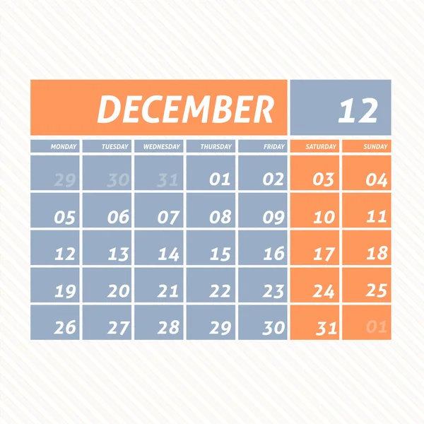 Décembre 2016 Conception de calendrier plat - Semaine commence lundi — Image vectorielle