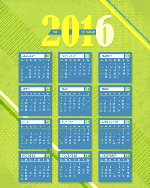 Colori verdi 2016 Calendario completo, elementi geometrici e Grunge Sfondo Design. Promozione Poster Vector Template, Settimana Inizia Domenica — Vettoriale Stock