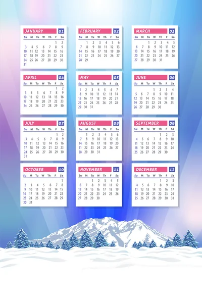 Зимний пейзаж 2016 Полный шаблон календаря, векторный дизайн рекламного плаката - неделя начинается в воскресенье — стоковый вектор
