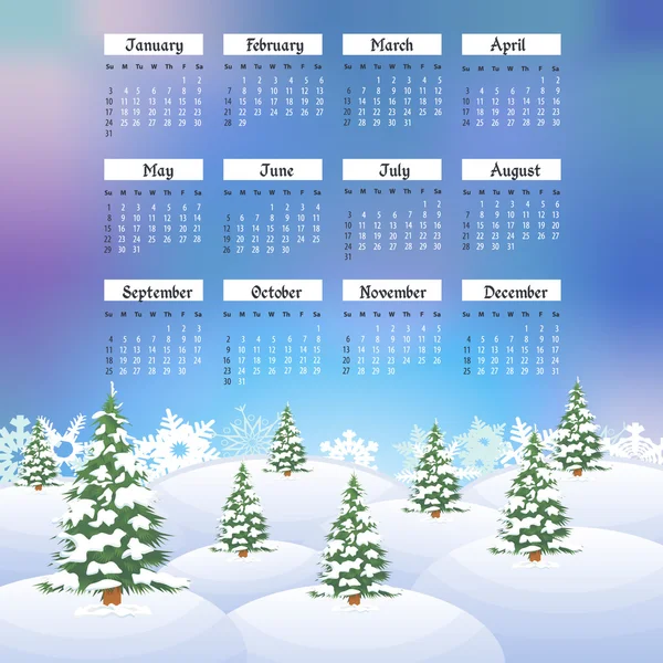 周从星期日开始促销海报矢量设计-冬季景观 2016年全日历模板 — 图库矢量图片