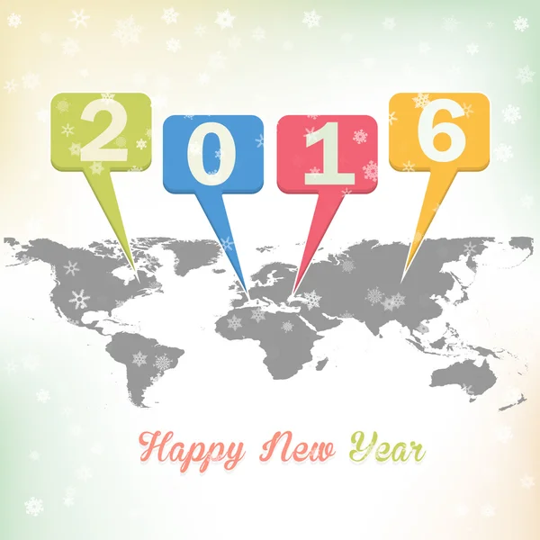 Feliz Año Nuevo 2016 Número Discurso Burbujas y Mapa del Mundo Ilustración Vector Fondo, Tarjeta de felicitación — Archivo Imágenes Vectoriales