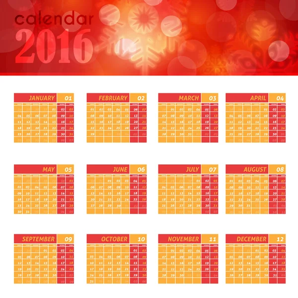 2016 Full Calendar Template - Promotion Poster Vector Design, Week Starts Monday — ストックベクタ