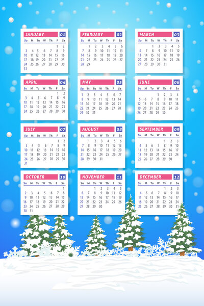 2016 Full Calendar Template and Winter Landscape Background, Promotion Poster Vector Design - Week Starts Sunday