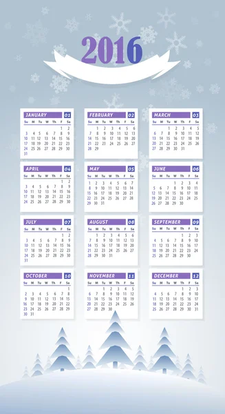 2016 Modelo de Calendário Completo e Fundo Paisagem de Inverno, Promoção Poster Vector Design - Semana começa domingo — Vetor de Stock