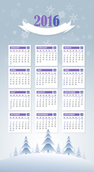 2016 Full Calendar Template and Winter Landscape Background, Promotion Poster Vector Design - Week Starts Sunday