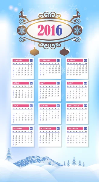 2016 Modelo de Calendário Completo e Fundo Paisagem de Inverno, Promoção Poster Vector Design - Semana começa domingo — Vetor de Stock