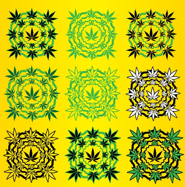 Marihuana cannabis hoja símbolo sellos con gráficos decorativos vector ilustración — Vector de stock