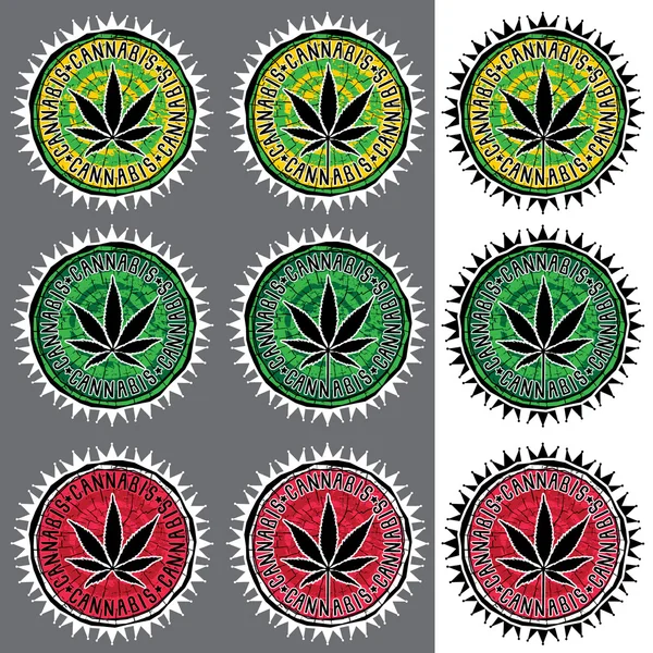 Векторная иллюстрация векторных марок с изображением листьев марихуаны — стоковый вектор