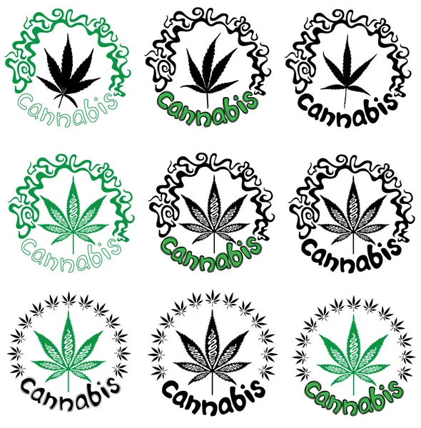 Marihuana cannabis blad symbool stempels met decoratieve afbeeldingen vector illustratie — Stockvector