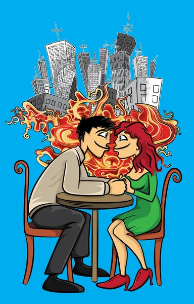 Romantic couple holding hands and rush city background — Stock Vector