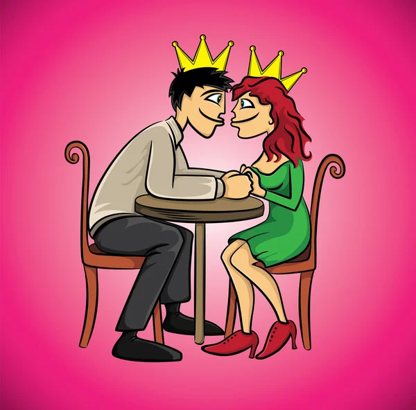 ロマンチックなカップルは一緒にお互い手をつないで座っている王冠を身に着けています。 — ストックベクタ