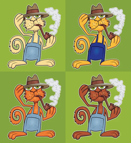 Gato agricultor con sombrero fumar tubo de dibujos animados vector ilustración — Vector de stock