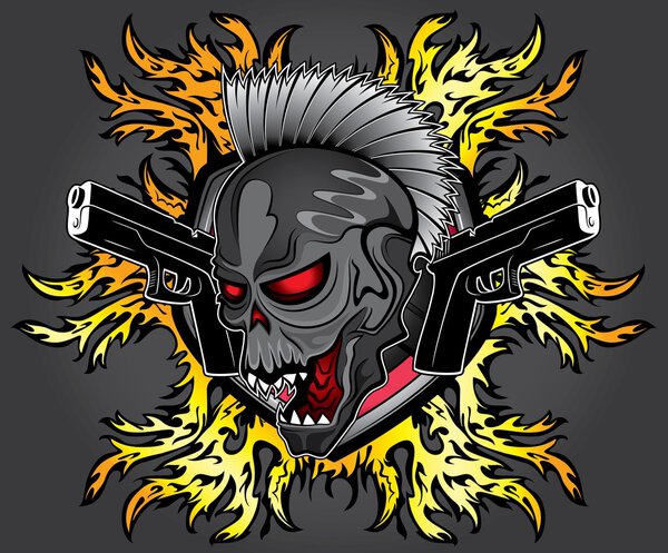 punk zombie ghost skull glock pistols fire flames background