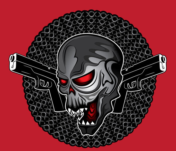 demonic evil human skull glock pistols design vector illustration